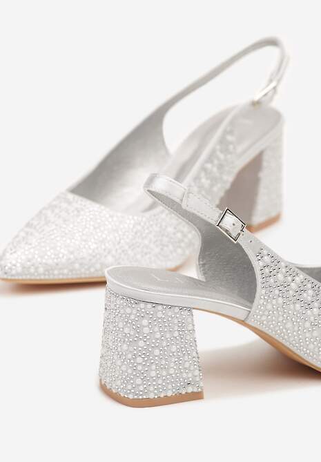 Srebrne Sandały na Słupku Slingback Ozdobione Cyrkoniami Melanetta 6