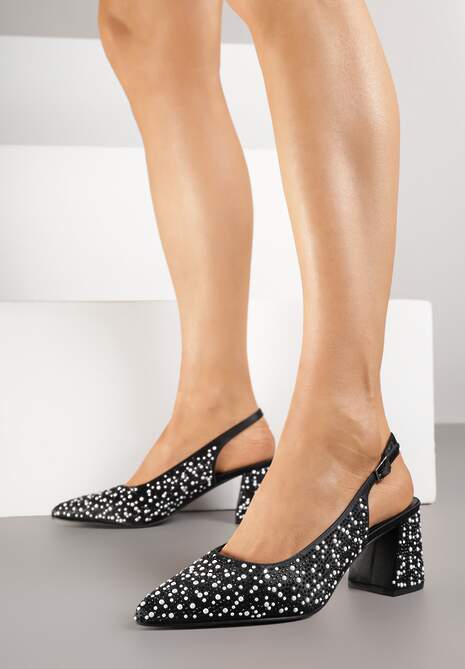 Czarne Sandały na Słupku Slingback Ozdobione Cyrkoniami Melanetta