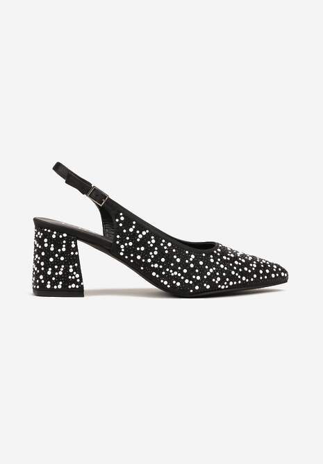 Czarne Sandały na Słupku Slingback Ozdobione Cyrkoniami Melanetta 4