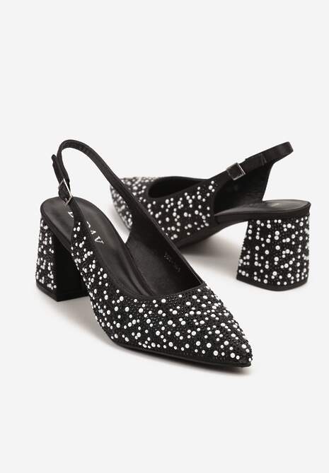 Czarne Sandały na Słupku Slingback Ozdobione Cyrkoniami Melanetta 5