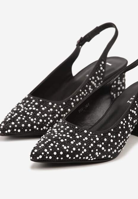 Czarne Sandały na Słupku Slingback Ozdobione Cyrkoniami Melanetta 6