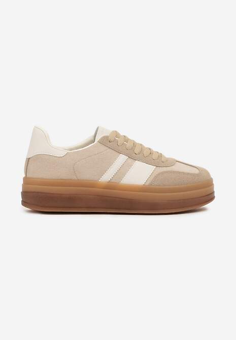 Ciemnobeżowe Sneakersy na Płaskiej Podeszwie z Ozdobnymi Paskami Velali 4