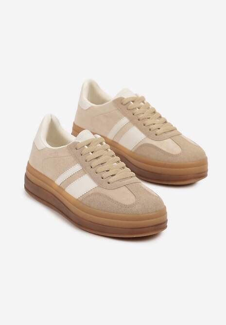 Ciemnobeżowe Sneakersy na Płaskiej Podeszwie z Ozdobnymi Paskami Velali 5