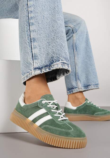 Zielone Zamszowe Sneakersy w Stylu Kultowych Tenisówek ze Skórzaną Wkładką i Wzorem w Panterkę Tenannia