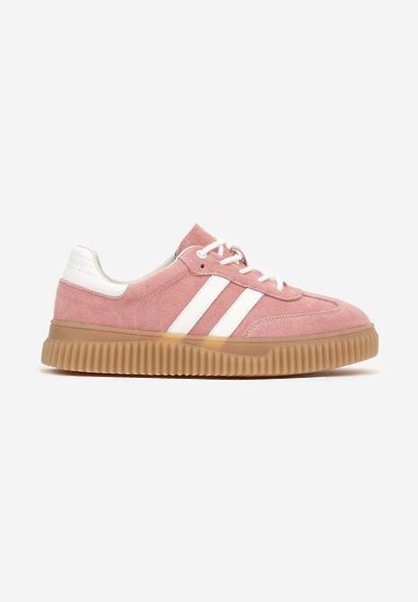 Różowe Zamszowe Sneakersy w Stylu Kultowych Tenisówek ze Skórzaną Wkładką i Wzorem w Panterkę Tenannia 4