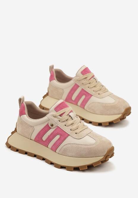 Beżowo-Fuksjowe Sneakersy ze Skóry Naturalnej Ozdobione Geometrycznym Wzorem Melassea 5