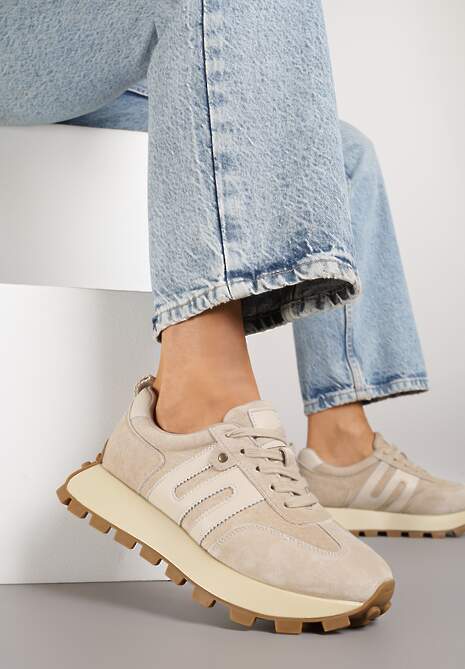 Beżowe Sneakersy ze Skóry Naturalnej Ozdobione Geometrycznym Wzorem Melassea