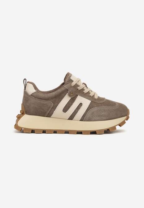 Ciemnobeżowe Sneakersy ze Skóry Naturalnej Ozdobione Geometrycznym Wzorem Melassea 4