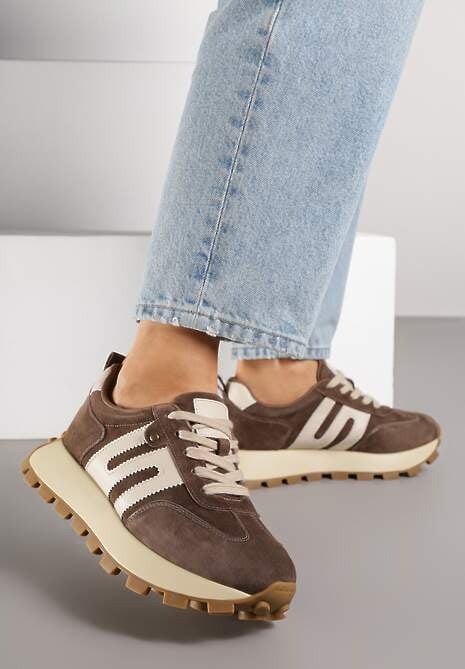 Brązowe Sneakersy ze Skóry Naturalnej Ozdobione Geometrycznym Wzorem Melassea