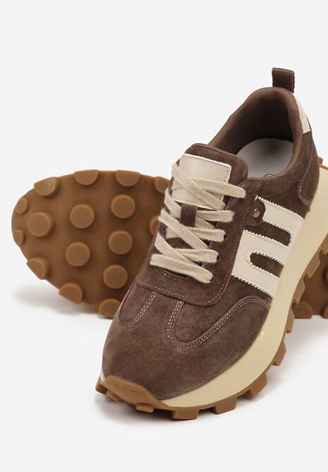 Brązowe Sneakersy ze Skóry Naturalnej Ozdobione Geometrycznym Wzorem Melassea 6