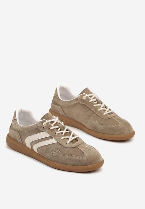 Ciemnobeżowe Sneakersy Tenisówki ze Skórzaną Wkładką Ozdobione Paskami Melioressa 5