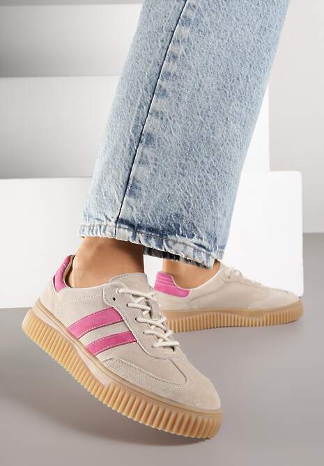 Beżowo-Fuksjowe Sneakersy Tenisówki z Wkładką ze Skóry Naturalnej Ozdobione Tłoczeniem Meluella
