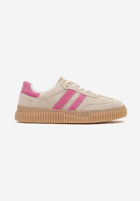 Beżowo-Fuksjowe Sneakersy Tenisówki z Wkładką ze Skóry Naturalnej Ozdobione Tłoczeniem Meluella 4