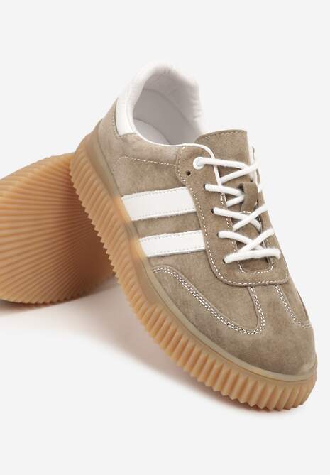 Ciemnobeżowe Sneakersy Tenisówki z Wkładką ze Skóry Naturalnej Ozdobione Tłoczeniem Meluella 6