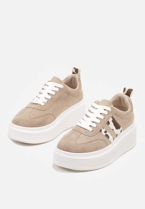 Ciemnobeżowe Sneakersy Klasyczne Tenisówki na Grubej Podeszwie z Koturnem i Paskami Ozdobionymi Printem  w Łaty Adessia 5
