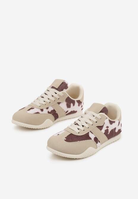 Brązowo-Białe Sneakersy Ozdobione Tłoczeniem i Wzorem w Krowie Łaty Halennesa 5