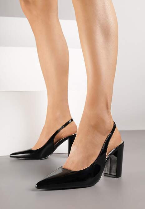 Czarne Sandały Lakierowane na Słupku Slingback Halasela