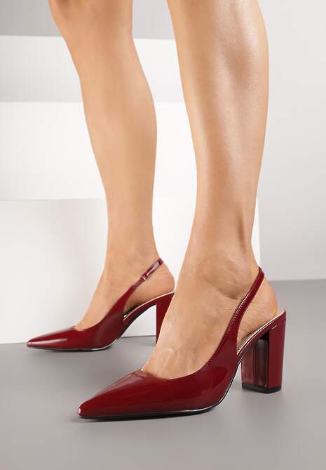 Bordowe Sandały Lakierowane na Słupku Slingback Halasela