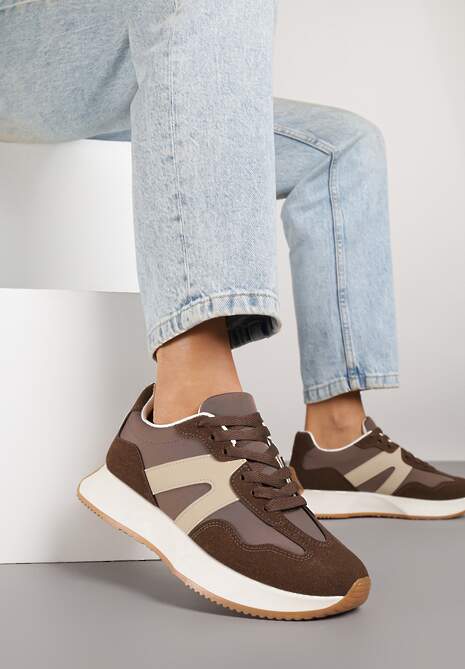 Brązowe Sneakersy na Płaskiej Podeszwie z Geometryczną Wstawką w Panterkę Sewla