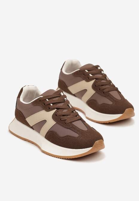 Brązowe Sneakersy na Płaskiej Podeszwie z Geometryczną Wstawką w Panterkę Sewla 5