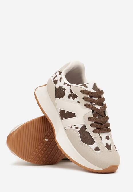 Biało-Brązowe Sneakersy na Płaskiej Podeszwie z Geometryczną Wstawką i Wzorem w Krowie Łaty Sewla 5