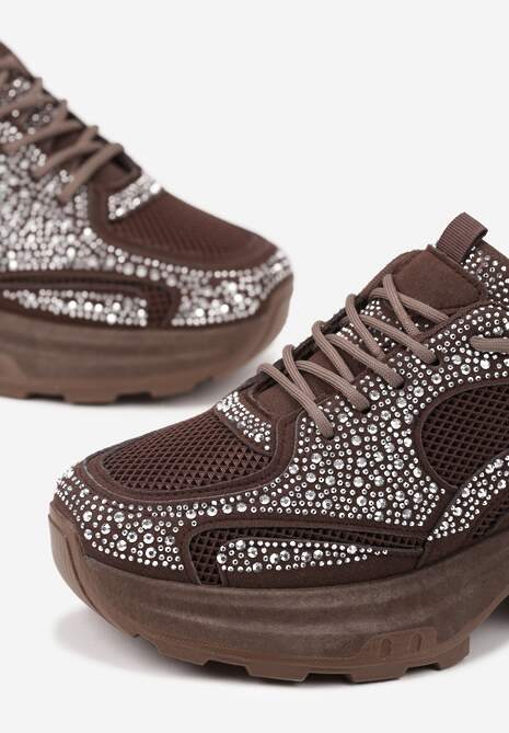 Brązowe Sneakersy na Platformie Ozdobione Cyrkoniami Luria 6