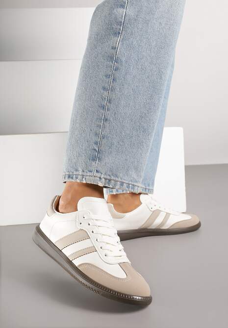 Beżowo-Białe Casualowe Sneakersy na Płaskiej Podeszwie z Paskami Jereria