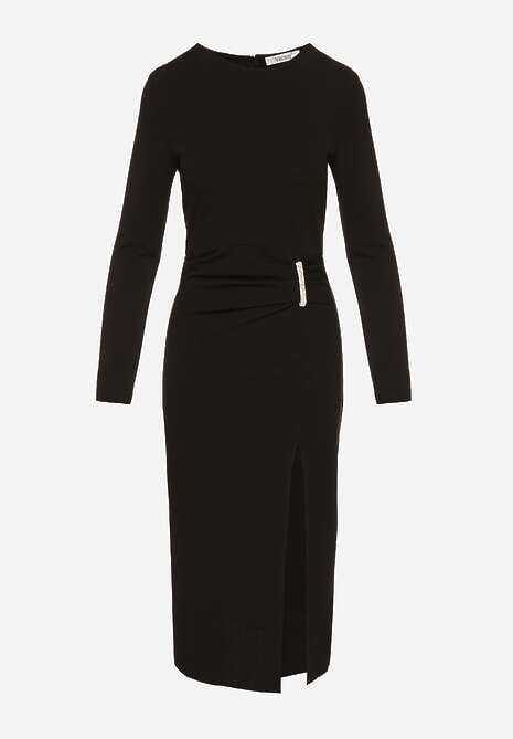 Czarna Sukienka Koktajlowa Vices Ozdobiona Perełkami i Marszczeniem Odarre 6