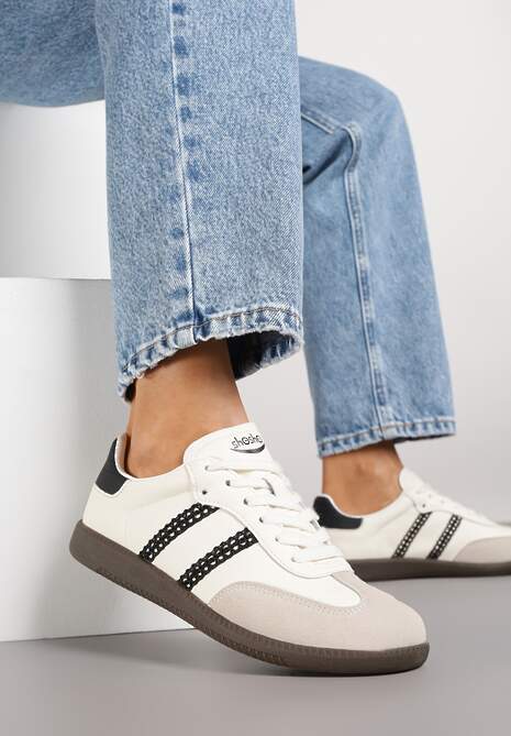 Beżowo-Czarne Sneakersy w Stylu Tenisówek z Geometrycznym Motywem Halonelle