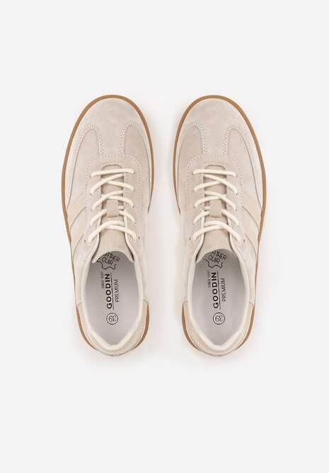 Beżowe Płaskie Sneakersy ze Skóry Naturalnej z Ozdobnymi Paskami Nelarielis 6