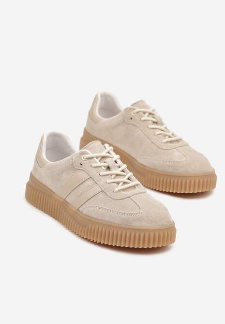 Beżowe Zamszowe Sneakersy Tenisówki z Wkładką ze Skóry Naturalnej Ozdobione Tłoczeniem Meluella 5