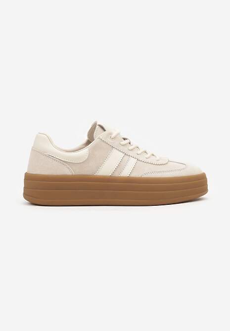 Jasnobeżowe Sneakersy Zamszowe na Platformie ze Skórzaną Wkładką Ozdobione Paskiem Adivrie 4