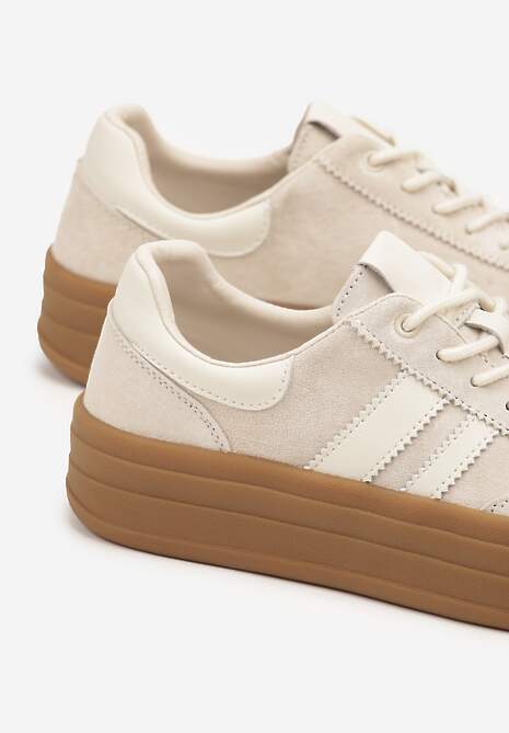Jasnobeżowe Sneakersy Zamszowe na Platformie ze Skórzaną Wkładką Ozdobione Paskiem Adivrie 6