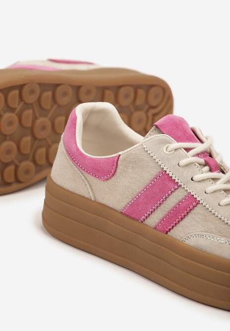 Beżowo-Fuksjowe Sneakersy Zamszowe na Platformie ze Skórzaną Wkładką Ozdobione Paskiem Adivrie 6