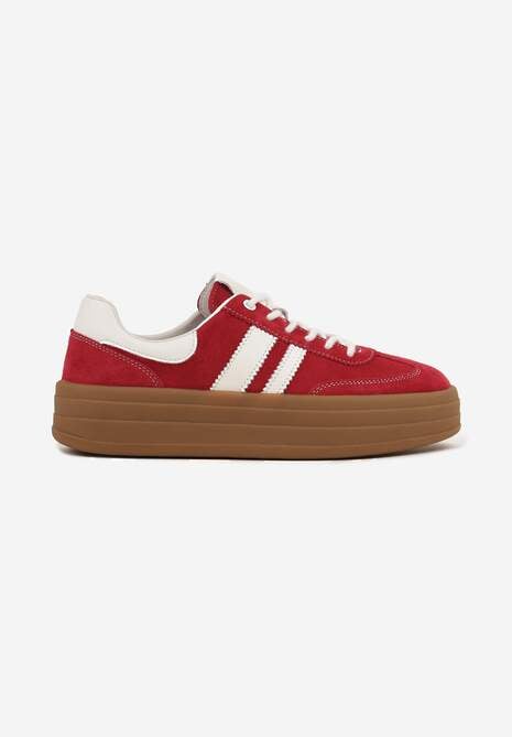 Czerwone Sneakersy Zamszowe na Platformie ze Skórzaną Wkładką Ozdobione Paskiem Adivrie 4