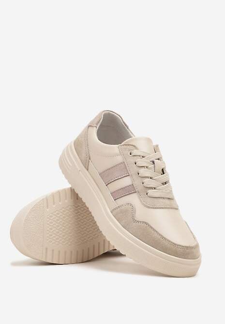 Beżowe Sneakersy ze Skóry Naturalnej Ozdobione Paskami Arabbela 5
