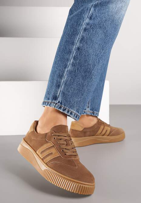Brązowe Skórzane Sneakersy w Stylu Tenisówek z Geometrycznym Wzorem Halossea