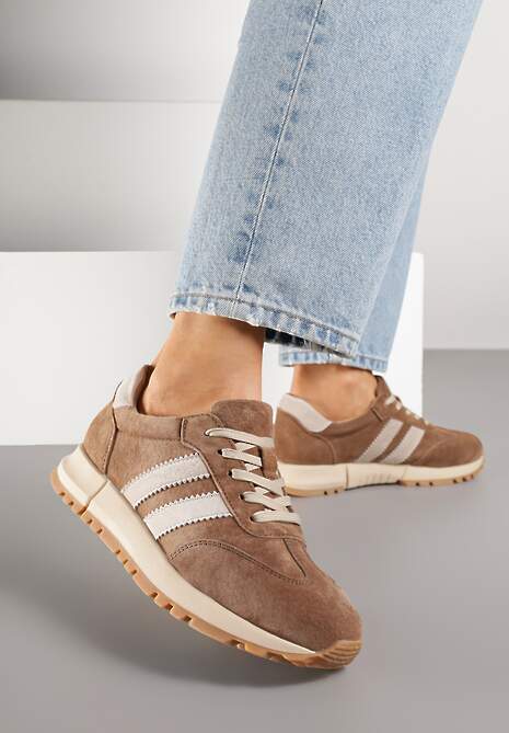 Brązowe Sneakersy ze Skóry Naturalnej z Paskami Kiarre