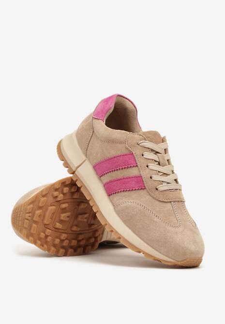 Beżowo-Fuksjowe Sneakersy ze Skóry Naturalnej z Paskami Kiarre 5
