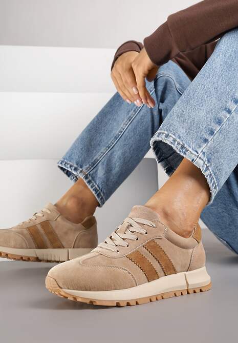 Beżowe Sneakersy ze Skóry Naturalnej z Paskami Kiarre