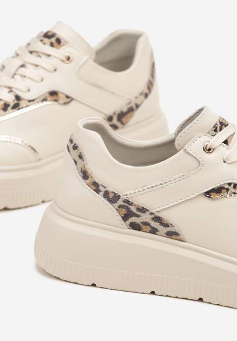 Beżowe Sneakersy na Platformie ze Skóry Naturalnej Ozdobione Metalicznymi Elementami Haliorea 6