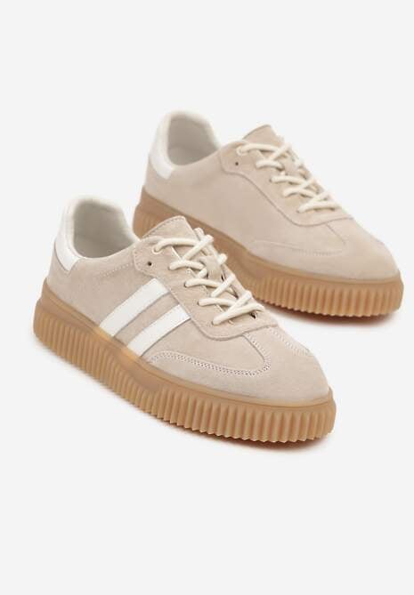Ciemnobeżowe Zamszowe Sneakersy w Stylu Kultowych Tenisówek ze Skórzaną Wkładką Tenannia 5