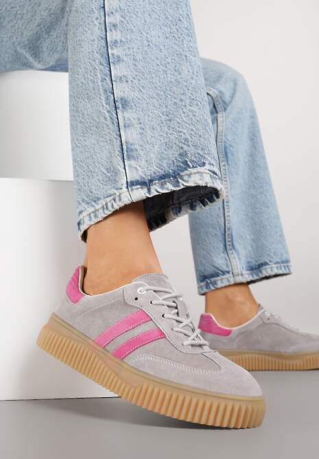 Szaro-Różowe Zamszowe Sneakersy w Stylu Kultowych Tenisówek ze Skórzaną Wkładką Tenannia