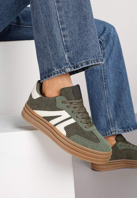 Zielone Sneakersy Tenisówki na Platformie z Tłoczeniem i Geometrycznym  Motywem Kialie