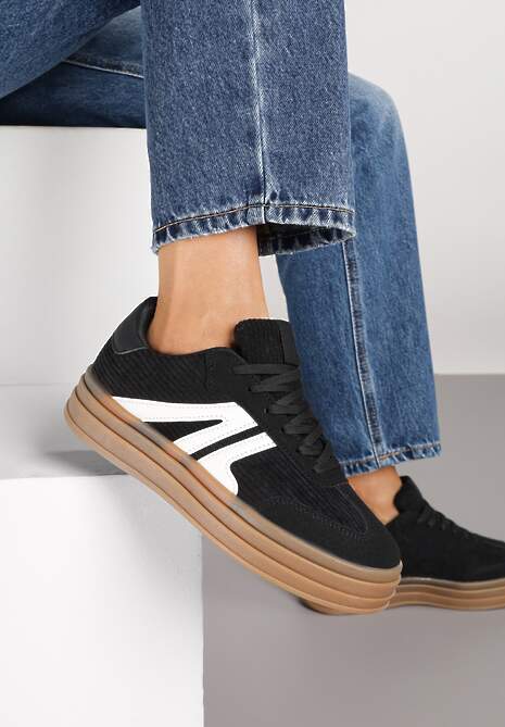 Czarne Sneakersy Tenisówki na Platformie z Tłoczeniem i Geometrycznym  Motywem Kialie