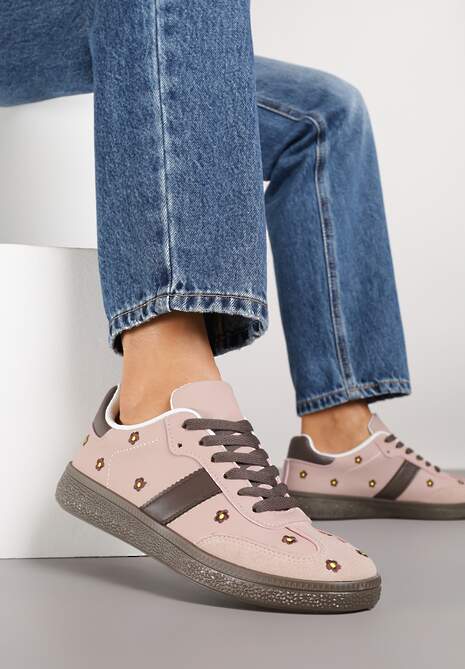 Różowe Sneakersy Tenisówki Ozdobione Kwiatkami Zummine