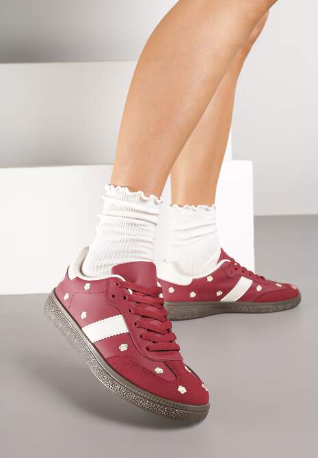 Bordowe Sneakersy Tenisówki Ozdobione Kwiatkami Zummine