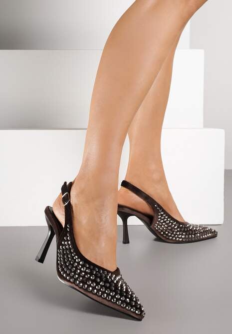 Brązowe Szpilki Slingback Ozdobione Cyrkoniami Benikke