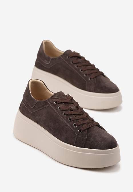 Ciemnobrązowe Sneakersy z Naturalnego Zamszu na Platformie Nalirette 5