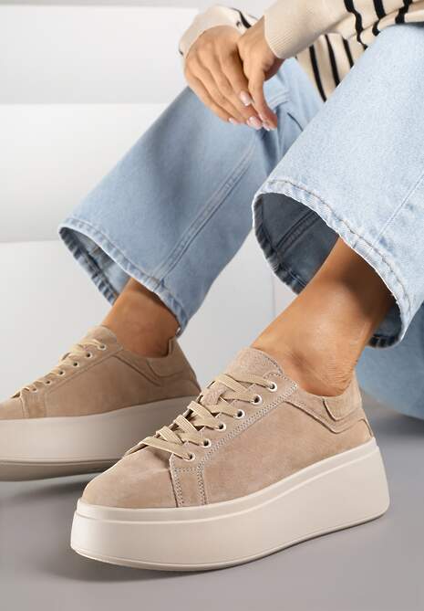 Beżowe Sneakersy z Naturalnego Zamszu na Platformie Nalirette